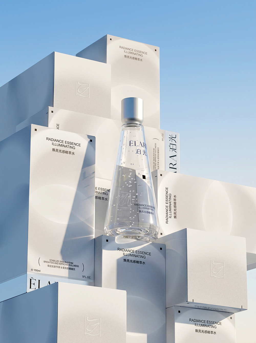 ÉLARA packaging and product visual on geometric plinths