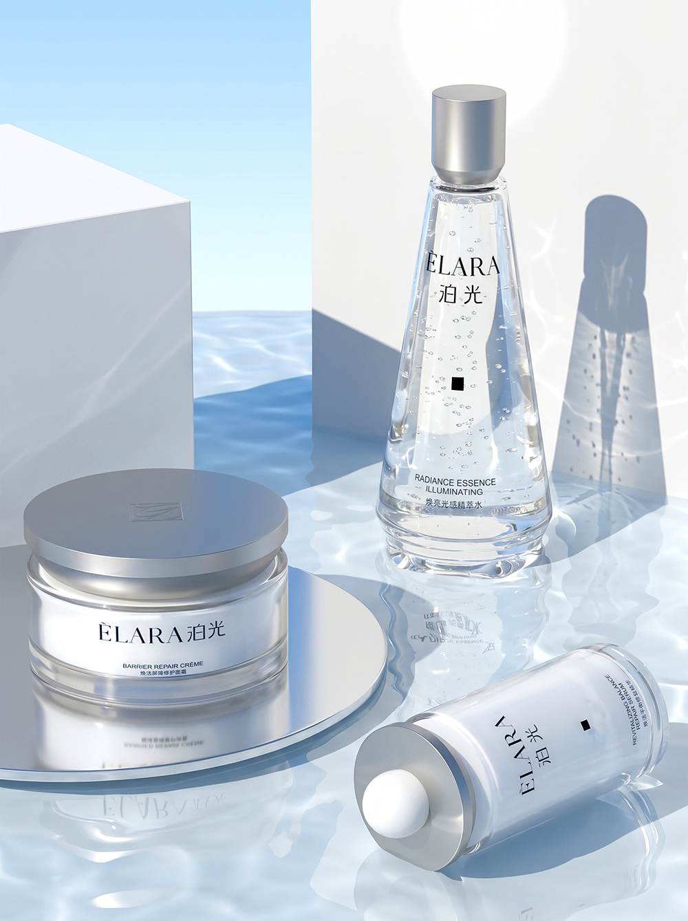 ÉLARA skincare bottle visual in refracted light