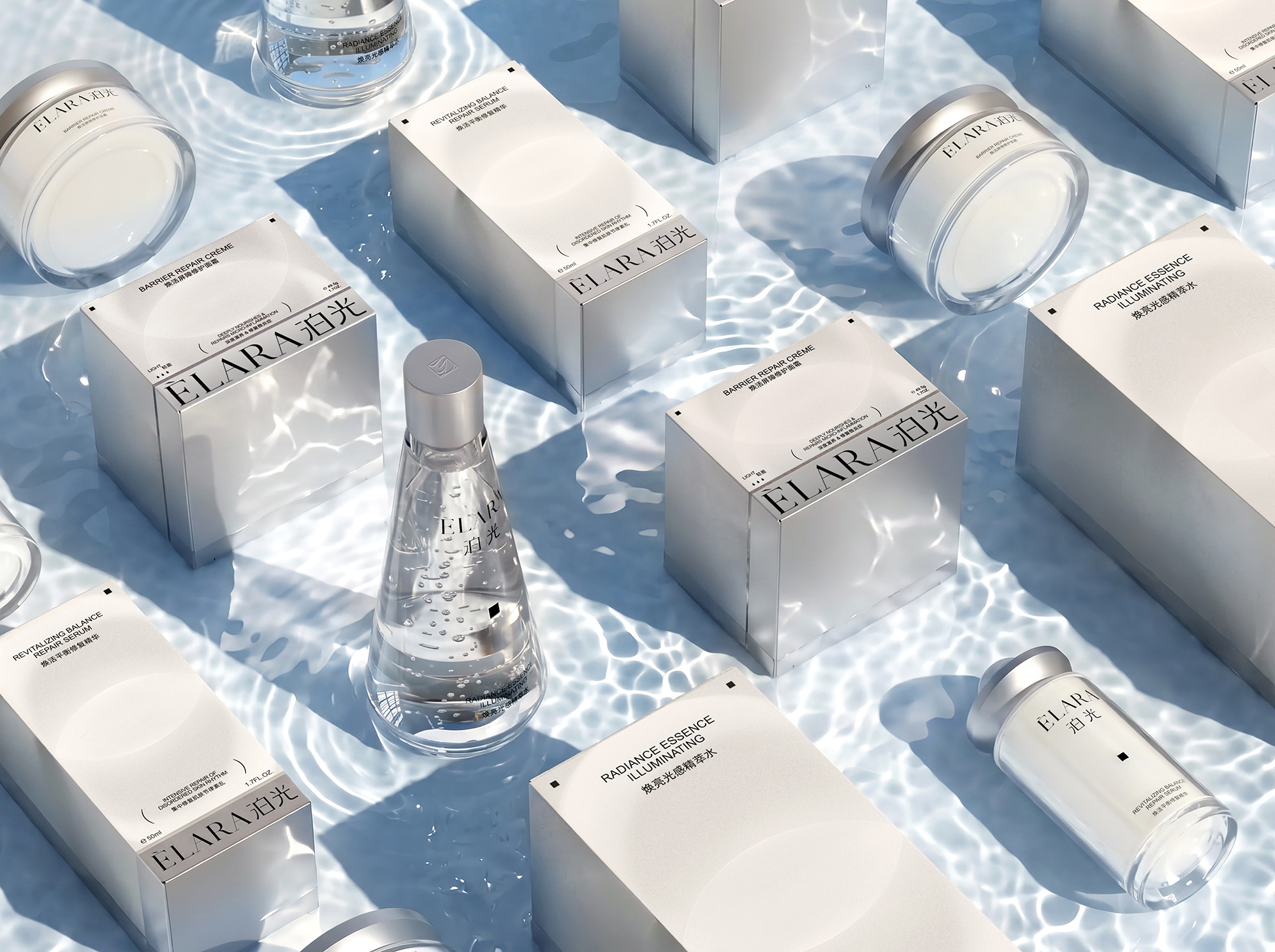 ÉLARA products arranged among translucent ice forms